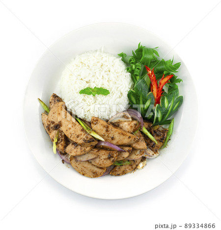 Stir Fried Vietnamese Pork Sausage with Black peppers Served Rice 89334866