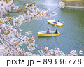 ボートに乗って水上から桜を眺める人　千鳥ヶ淵 89336778