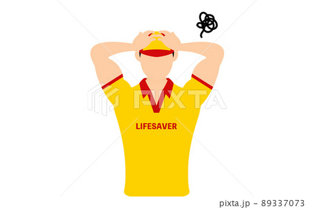 男性ライフセーバーのポーズ、頭を抱えて悩む 89337073