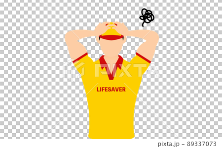 男性ライフセーバーのポーズ、頭を抱えて悩む 89337073