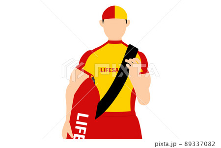 男性ライフセーバーのポーズ、ライフガードチューブを持ってパトロール 男性ライフセーバーのポーズ、ライフガードチューブを持ってパトロール 89337082