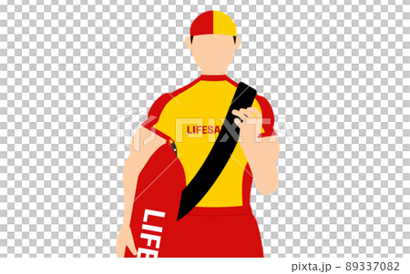 男性ライフセーバーのポーズ、ライフガードチューブを持ってパトロール 男性ライフセーバーのポーズ、ライフガードチューブを持ってパトロール 89337082