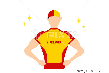 男性ライフセーバーのポーズ、自信満々で胸を張って腰に手を当てる 89337088