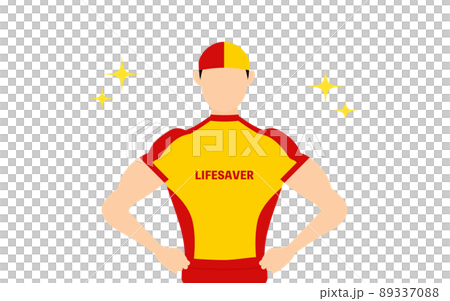 男性ライフセーバーのポーズ、自信満々で胸を張って腰に手を当てる 89337088