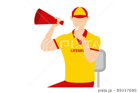 男性ライフセーバーのポーズ、監視台からホイッスルを鳴らす 89337090