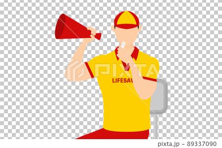 男性ライフセーバーのポーズ、監視台からホイッスルを鳴らす 89337090