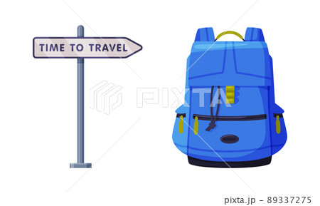 Blue Backpack and Signpost with Direction as Travel and Tourism Symbol Vector Set 89337275
