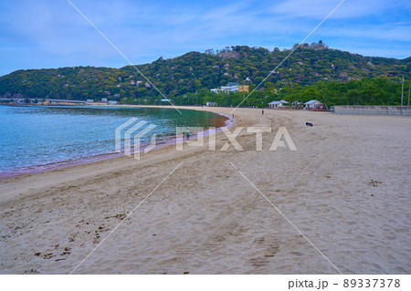 春の兵庫県洲本市の大浜海岸から南東側の三熊山と洲本城を見る 89337378