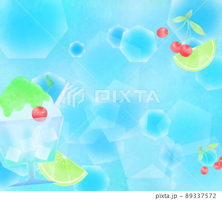 メロンシロップのかき氷とさくらんぼとレモンとライムー夏の涼しいおしゃれな水色背景素材イラスト 89337572
