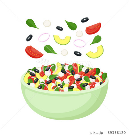 Homemade salad from fresh vegetables, greens, avocado, mozzarella and olives. Healthy food. Vegetarian meal. Vector illustration 89338120