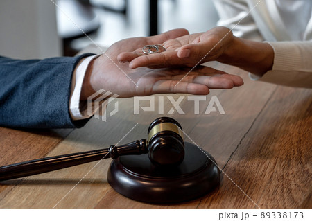 Contract decree of divorce (dissolution or cancellation) of marriage, husband and wife during divorce process and signing of divorce contract, Wedding ring Contract decree of divorce (dissolution or cancellation) of marriage, husband and wife during divorce process and signing of divorce contract, Wedding ring 89338173