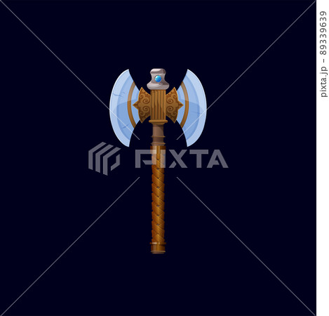 Viking nordic battle axe and skyrim magical battleaxe or hatchet weapon. Ancient medieval weapon or vector fairytale battle axe GUI item or game asset. Warrior magic ax with leather braided handle Viking nordic battle axe and skyrim magical battleaxe or hatchet weapon. Ancient medieval weapon or vector fairytale battle axe GUI item or game asset. Warrior magic ax with leather braided handle 89339639