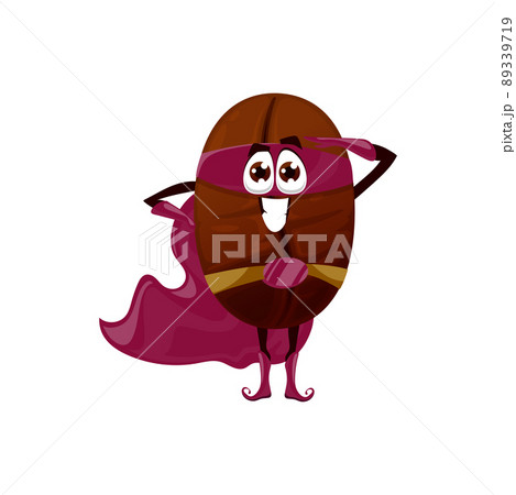 Coffee bean emoji emoticon superhero in belt, face mask and cape isolated americano drink ingredient cartoon kids character. Vector coffee cherry berry, comic superfood hero, espresso bean mascot 89339719