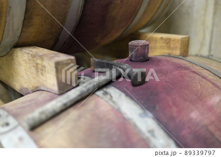 wooden oak barrels in a winery nearby Batorove Kosihy, Slovakia 89339797