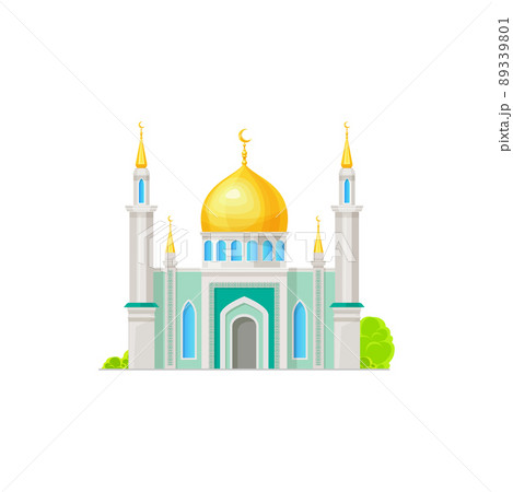 Islamic mosque or ancient arabian palace building. Islam religion antique mosque with golden dome and spires on minarets. Arabic architecture religious cartoon vector building facade 89339801