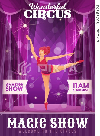 Shapito circus poster with cartoon woman gymnast or acrobat vector character dancing on stage. Amusement park or funfair carnival show invitation, circus festival entertainment performance flyer 89339803