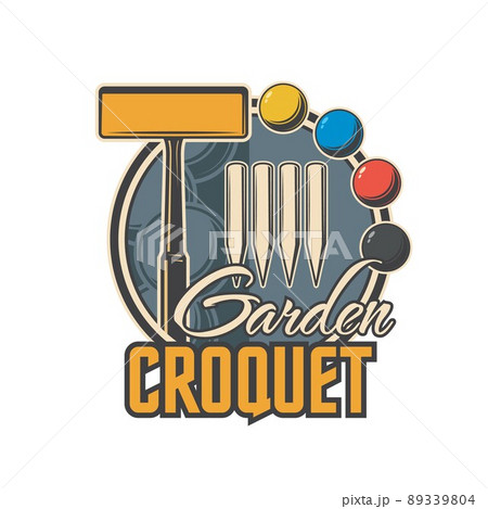 Croquet sport icon of vector mallet, balls and winning posts. Garden croquet game equipment and items isolated retro symbol of sport club, sporting competition or tournament 89339804