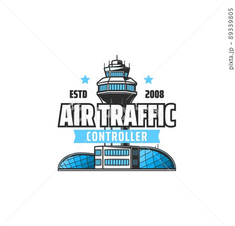 Air traffic control icon with vector tower and airport terminal building. Airplane or plane aircraft location in airspace, flight observations and aviation communication services isolated symbol 89339805