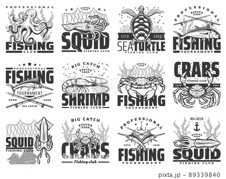 Sea fishing vector icons for professional fishing club, catch tournament and fishery store. Fisher equipment for crab, ocean octopus, turtle and squid, shrimp or prawn, isolated monochrome emblems set 89339840