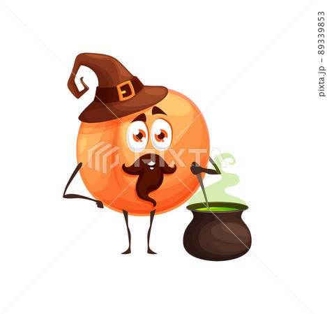 Cartoon peach fruit wizard or magician character, vector fairy tale personage. Funny cute peach fruit as wizard or sorcerer with magic wand or power stick in witch hat with potion cauldron 89339853