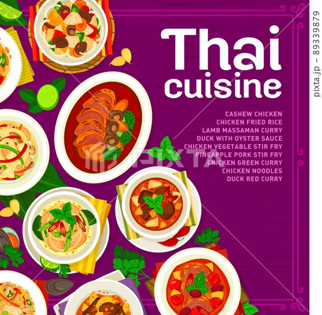 Thai cuisine menu cover with rice and noodles or curry food dishes, vector restaurant poster. Thailand cuisine dinner and lunch meals of Bangkok kitchen with chicken, pork and pineapple pork stir fry 89339879
