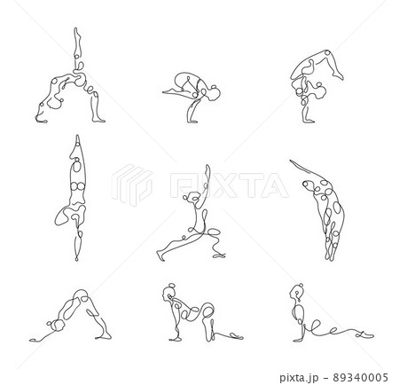 Yoga pose vector set in continuous line art, hand drawing style on the white background. Yoga girl minimalism sport illustration. Simple logo, symbol for sport. 89340005