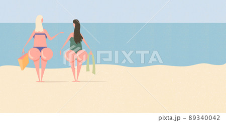 Two girlfriend with big booty on the beach relaxing. Vector hello summer concept minimalistic illustration with woman , summer beach, ocean, sand and blue clear sky.Summer vacation graphic funny flyer 89340042
