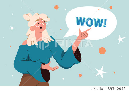 Blond smile woman points a finger to wow speech bubble 89340045