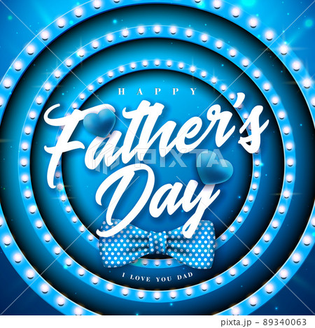 Happy Father's Day Greeting Card Design with Dotted Bow Tie and Heart on Retro Blue Light Bulb Billboard Background. Vector Celebration Illustration for Dad. Template for Banner, Flyer or Poster. 89340063