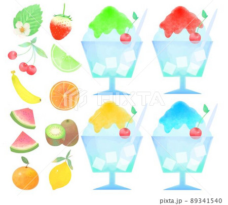 レトロなフルーツとかき氷のバリエーションー夏の涼しい飲み物と食べ物の白バック背景素材イラストセット 89341540