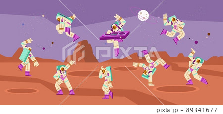 Astronaut dancing in a suit, a set of vector flat illustrations on a space background. 89341677