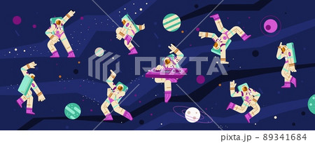 Astronauts dance and play music on DJ mixing console on disco or electro party 89341684