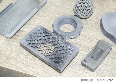 Many models gray printed on 3D printer. Gray objects printed on 3D printer 89341792