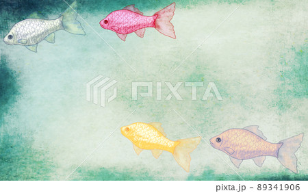 水の中を泳ぐカラフルなフナの和紙テクスチャ和風背景イラスト 89341906