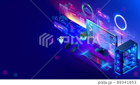 Coding code of program on desktop PC computer of programmer, on desk. Abstract icons, diagrams, graphs on programming interface of software development environment. Software technology concept. 89341953