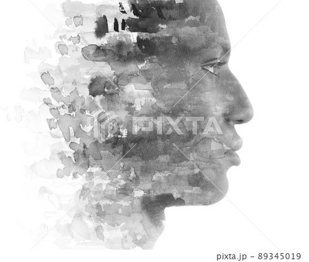 Paintography. Black ink painting combined with a portrait Paintography. Black ink painting combined with a portrait 89345019