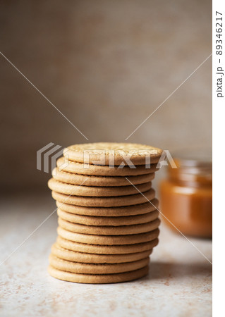 Stack of crunchy cookies. Galletas Maria popular spanish crackers. 89346217