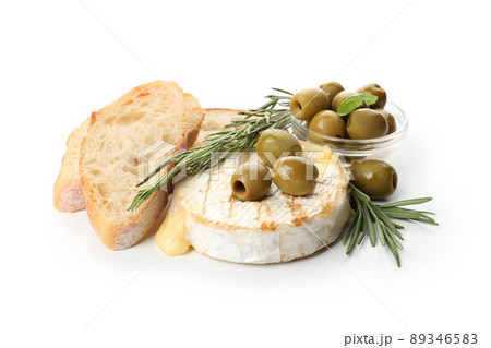 Concept of tasty food with grilled camembert isolated on white background Concept of tasty food with grilled camembert isolated on white background 89346583