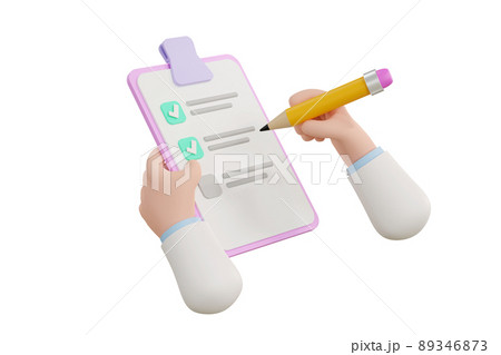 3D. Cartoon hand Medical Clipboard.Medical report and pencil. 3D. Cartoon hand Medical Clipboard.Medical report and pencil. 89346873