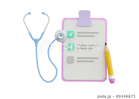 3D. Stethoscope and notes on blue background, health check concept. 3D. Stethoscope and notes on blue background, health check concept. 89346875