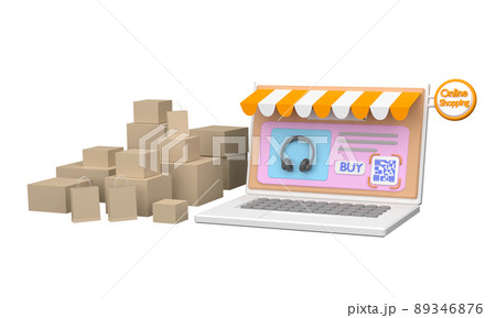3D. Computer laptop with QR code screen buy. Concept online shopping 89346876