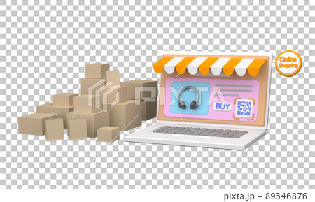 3D. Computer laptop with QR code screen buy. Concept online shopping 89346876