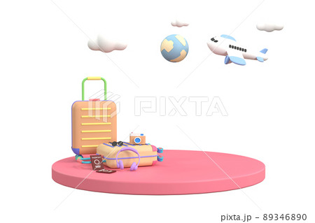 3d. podium stage surrounded by traveler accessories for showing or presentation. 89346890