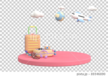 3d. podium stage surrounded by traveler accessories for showing or presentation. 89346890