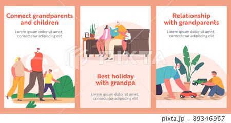 Children Visit Grandfather Banners. Grandpa Playing, Read Book, Walk in Park Together with Grandchildren, Happy Family 89346967