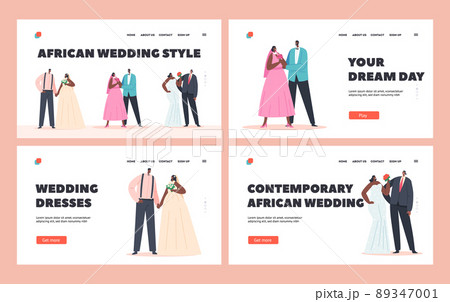 African Couples Wedding Ceremony Landing Page Template Set. Contemporary Black Groom and Bride Characters Marriage 89347001