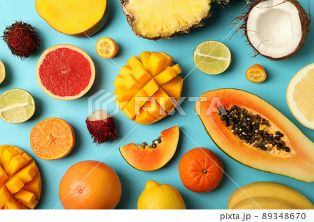 Exotic fruits set on blue background, top view Exotic fruits set on blue background, top view 89348670