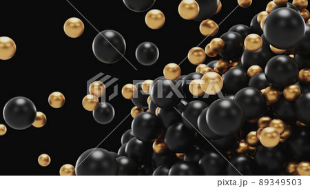 3d render Black and gold geometric balls hit each other with a magnet in a pile in the form of a ball in the air 89349503