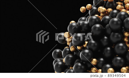 3d render Black and gold geometric balls hit each other with a magnet in a pile in the form of a ball in the air 89349504