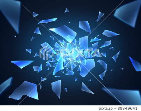 Realistic shattered glass pieces. Flying sharp fragments. Split small debris. 3D random shapes elements. Cracked window splinters. Damaged mirror parts. Blurred motion. Vector concept 89349641